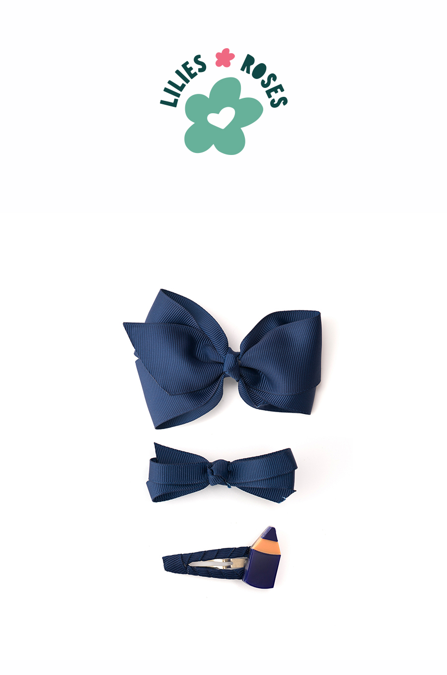 Pencil and Fabric Bows Navy Hair Clips Set- BTS24