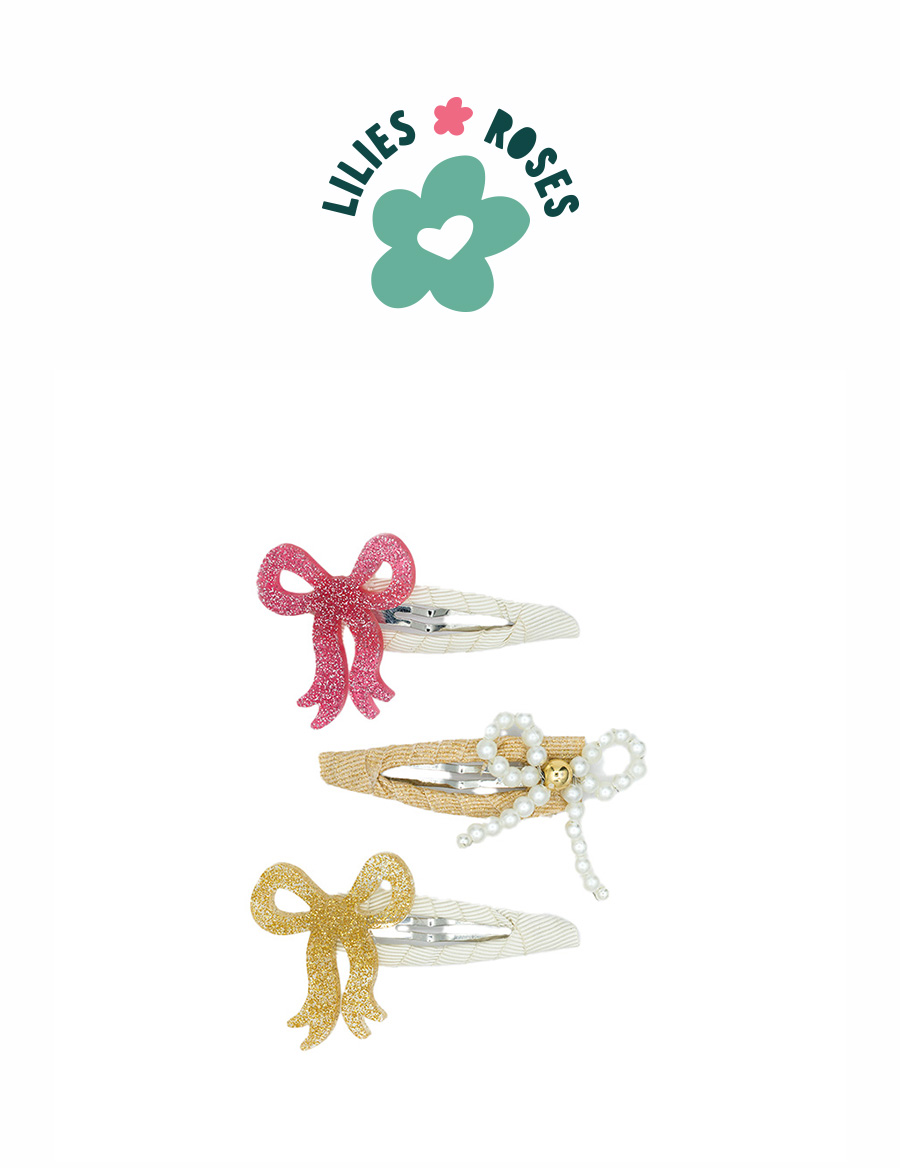 Bows Fancy in Gold, Pearl, and Vintage Pink Snap Clips