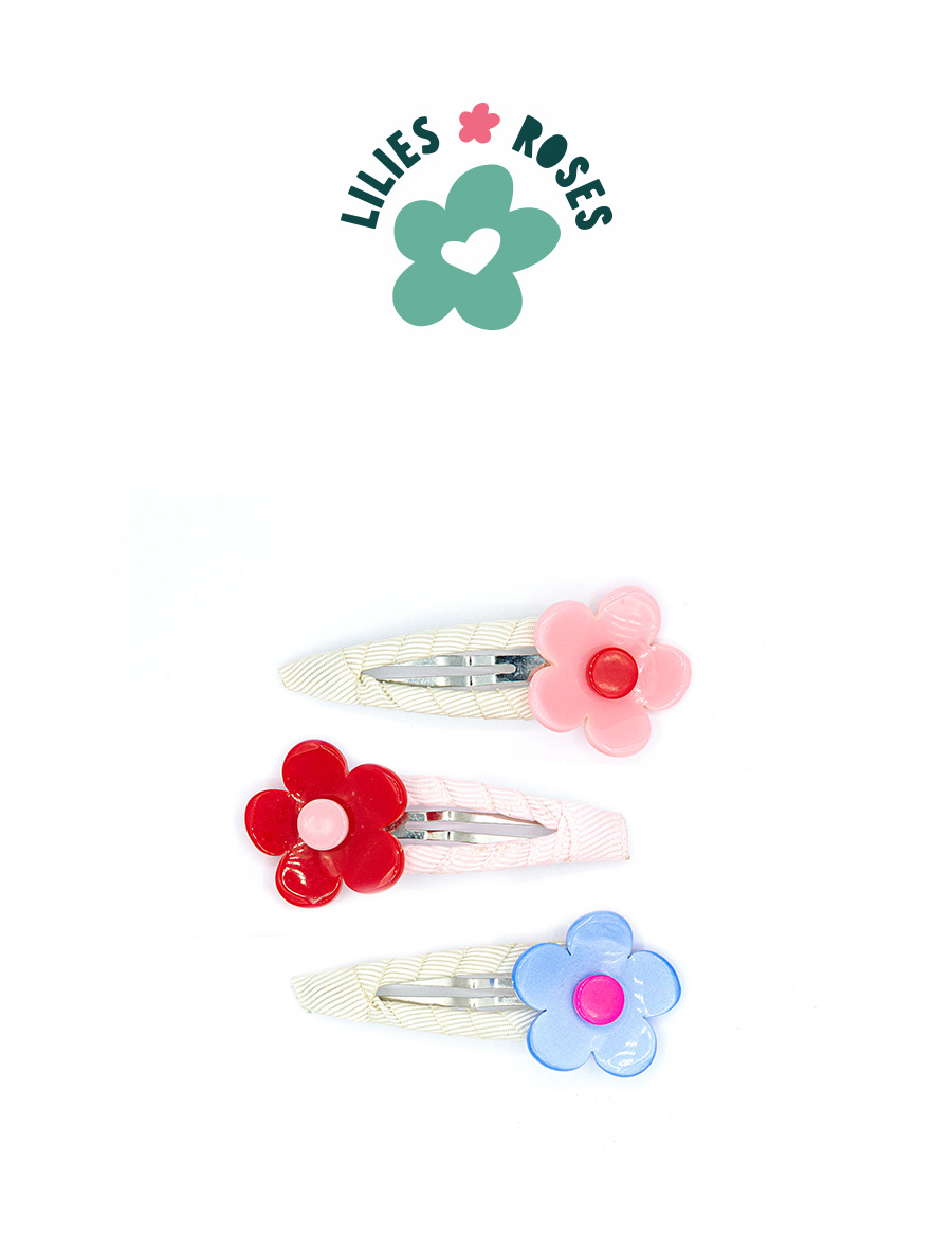 Flower Vania in Satin Blue Red Light Pink Hair Clips