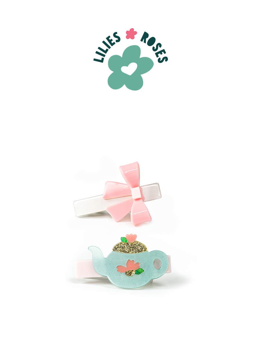Tea Pot and Pink Bow Hair Clips