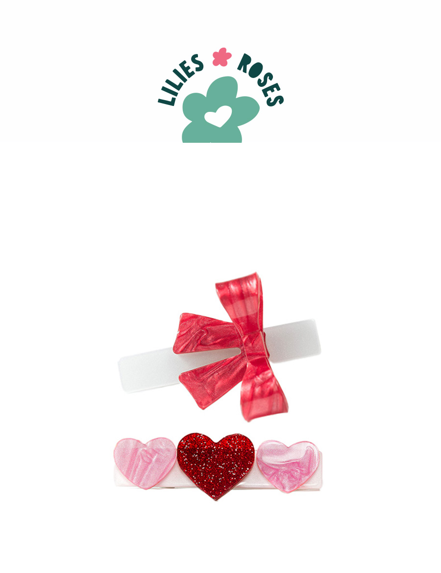 Hearts Pink Glitter Red and Red Bow Hair Clips