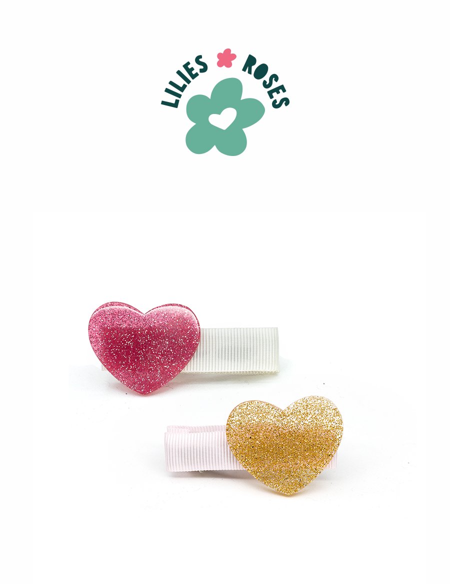 Heart Glitter Vintage Pink Gold Hair Clips