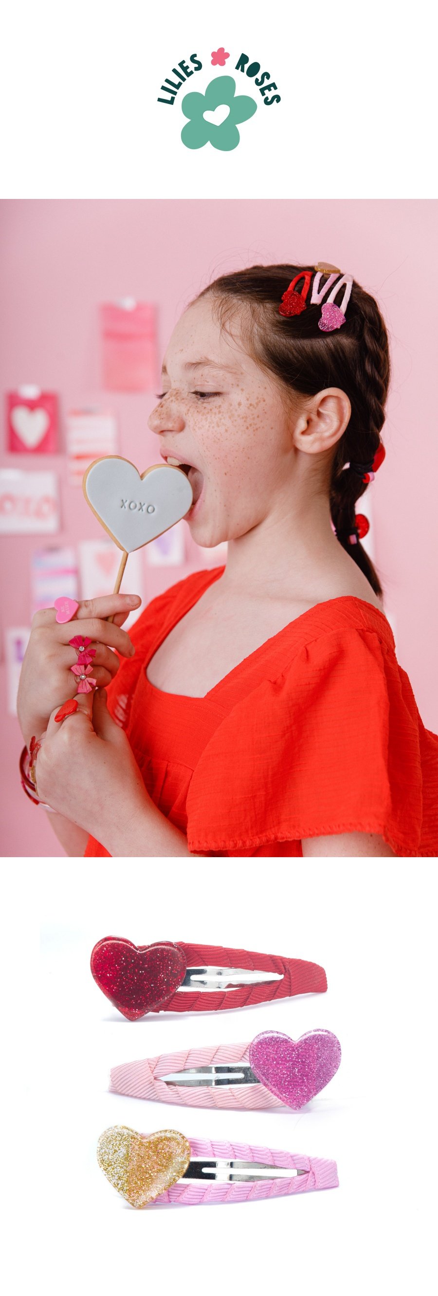 VAL25 - Hearts Glitter Gold Pink Red Fabric Covered Snap Clips